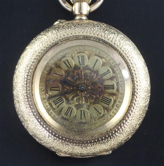 An ornate continental 14ct gold fob watch,